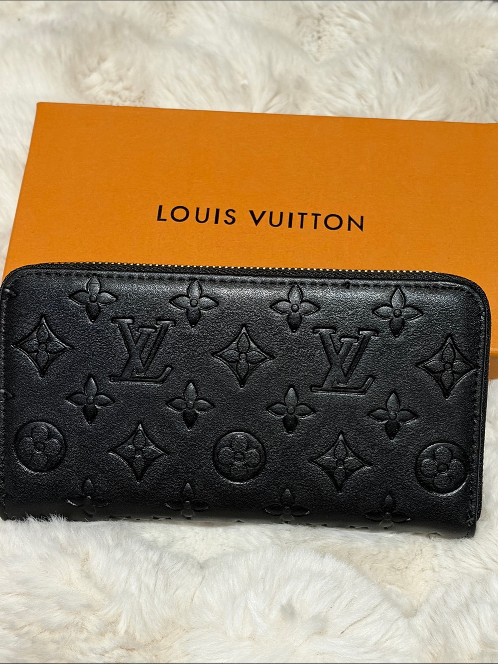 Embossed Monogram Zip-Around Wallet in Black